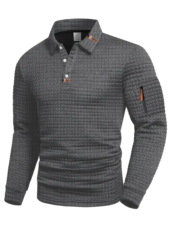 Textured Long-Sleeve Polo With Sleeve Zip Pocket