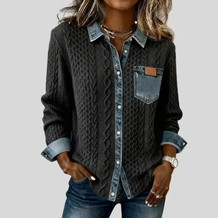 Denim Patchwork Shirt – Cable Knit Button-Up Casual Top for Everyday Wear
