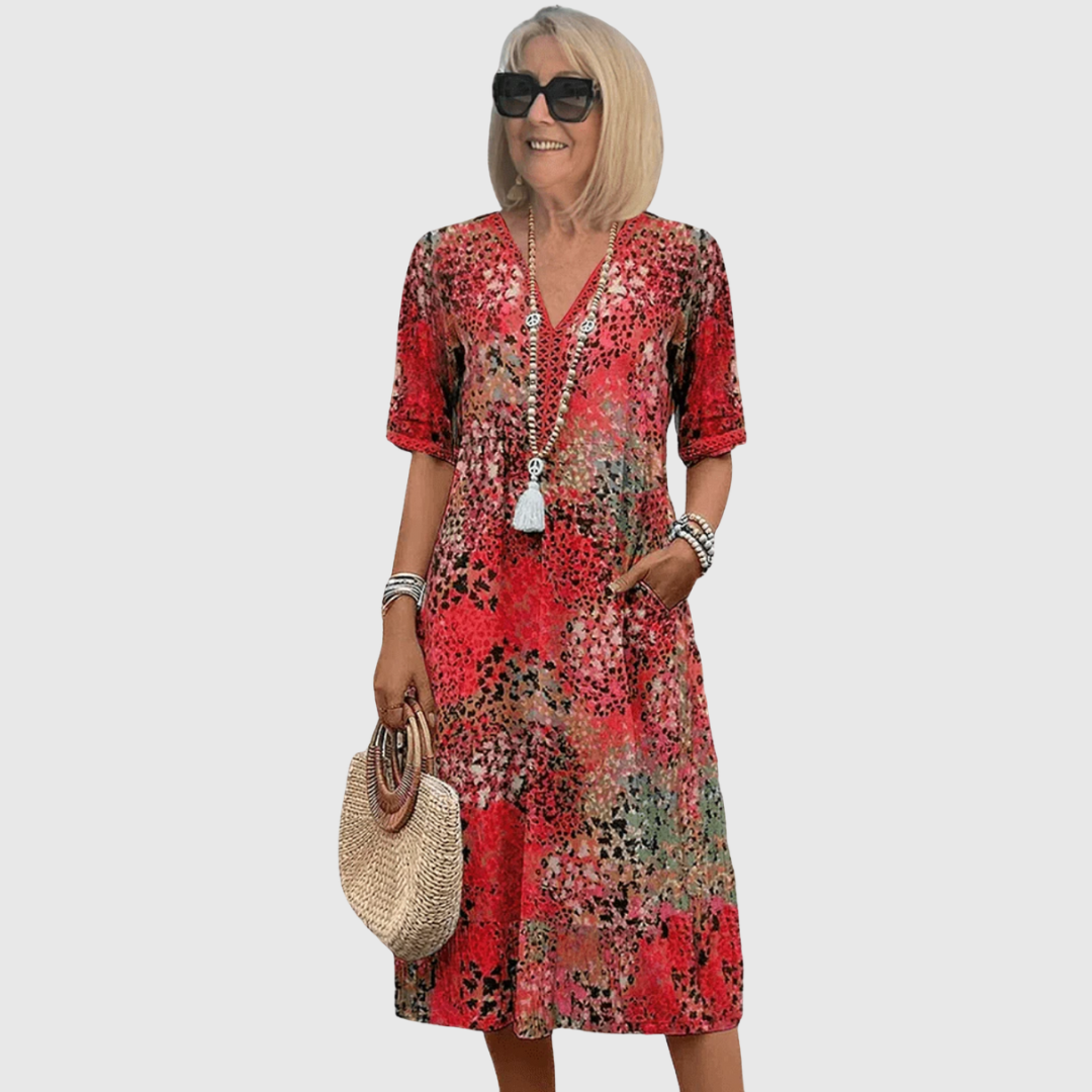 Ocean Breeze Midi Dress – V-Neck Printed Pocket Dress for Everyday Comfort