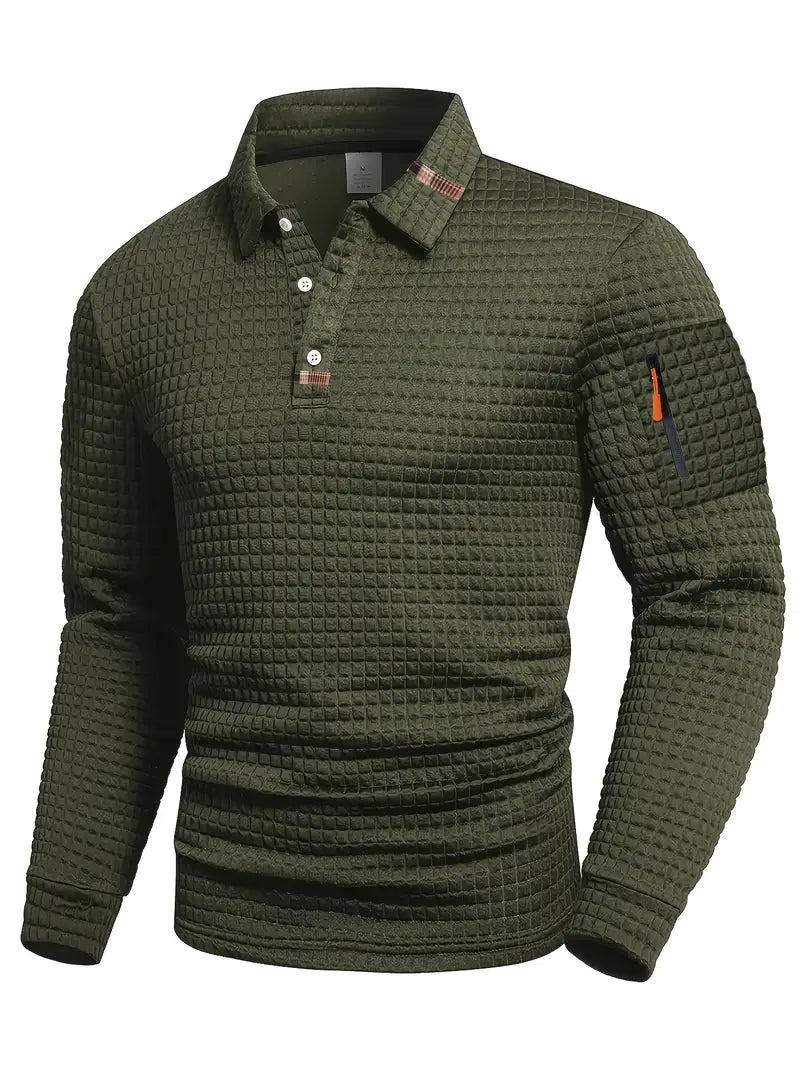 Textured Long-Sleeve Polo With Sleeve Zip Pocket
