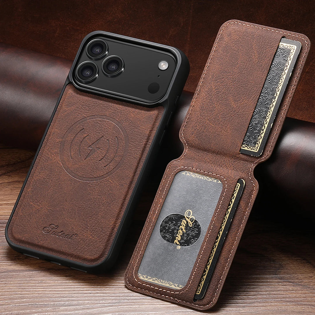 Magnetic Leather Wallet Case for iPhone – Slim, Protective Cardholder with Stand