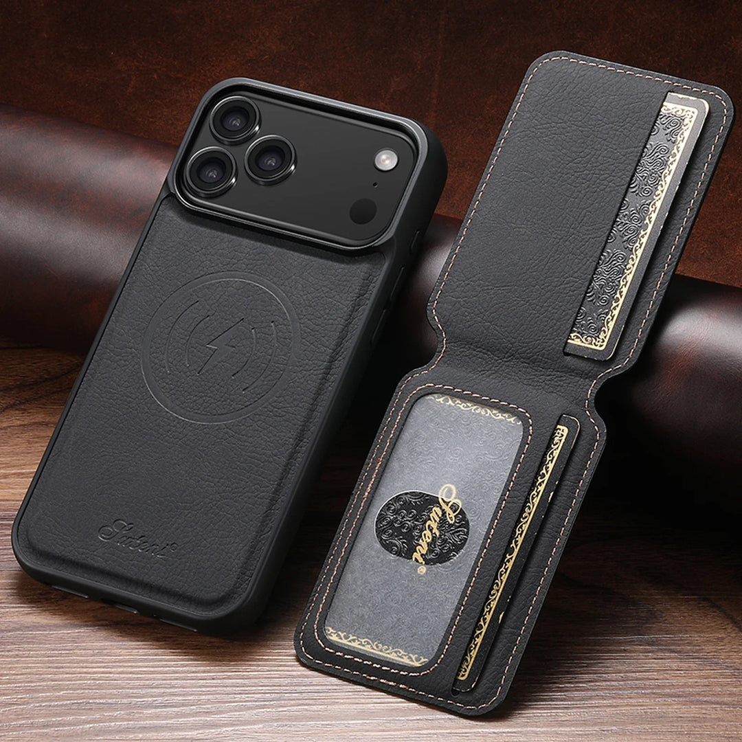 Magnetic Leather Wallet Case for iPhone – Slim, Protective Cardholder with Stand