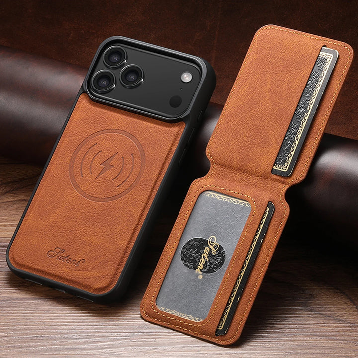 Magnetic Leather Wallet Case for iPhone – Slim, Protective Cardholder with Stand