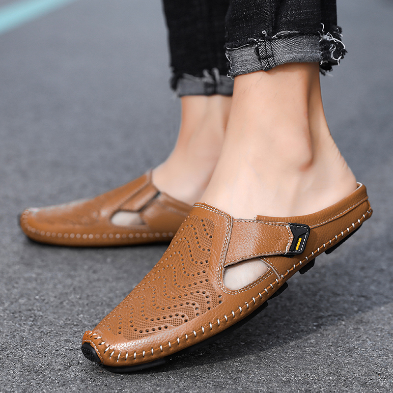 Men’s Breathable Leather Sandals – Slip-On Casual Comfort Shoes