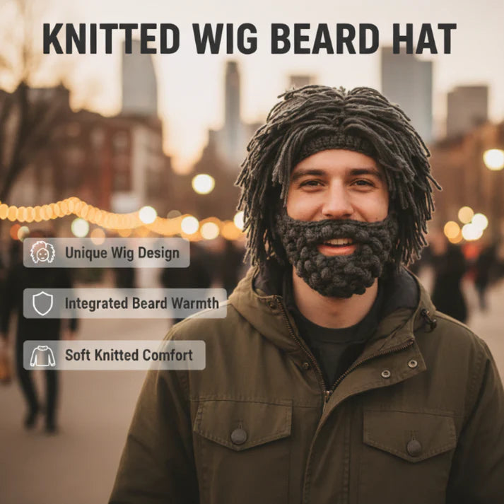 Punk Costume Beanie – Knit Hat with Attached Wig & Beard for Parties