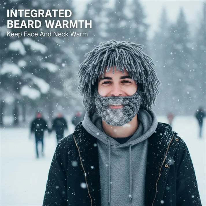 Punk Costume Beanie – Knit Hat with Attached Wig & Beard for Parties