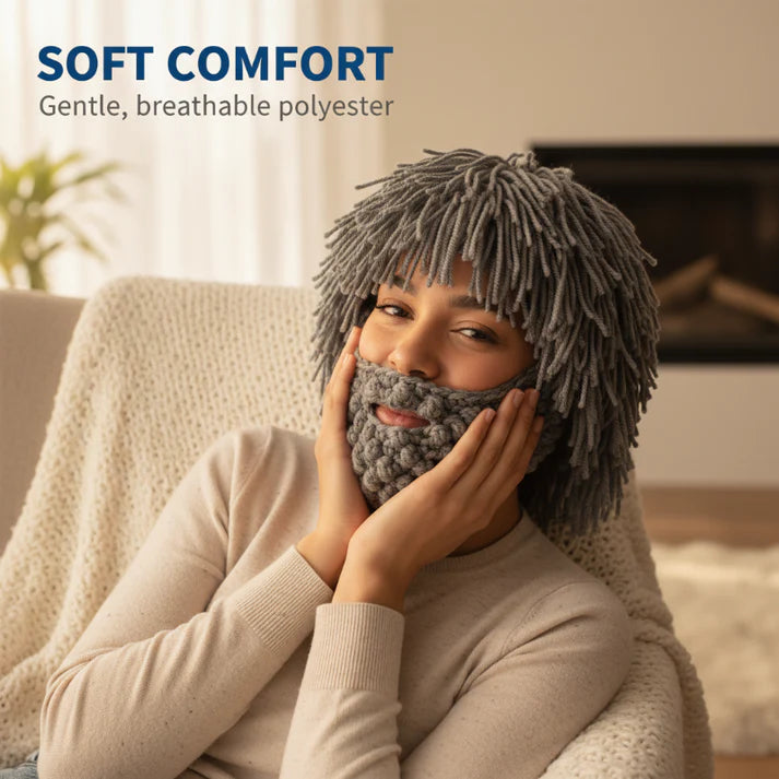 Punk Costume Beanie – Knit Hat with Attached Wig & Beard for Parties