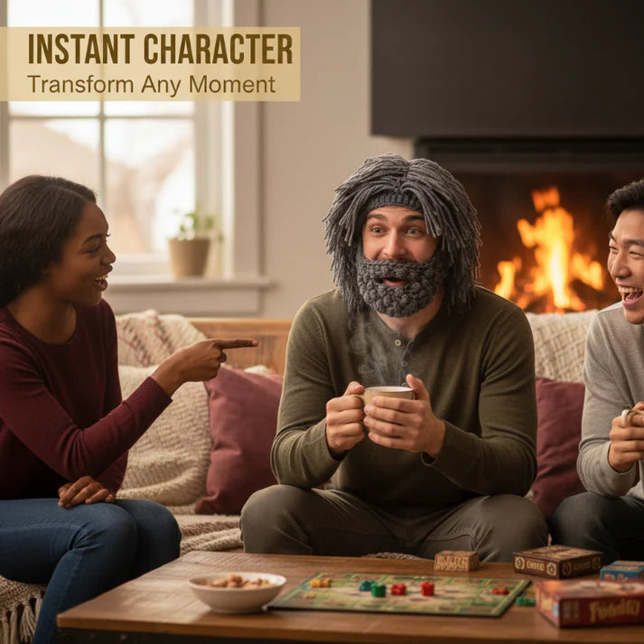 Punk Costume Beanie – Knit Hat with Attached Wig & Beard for Parties